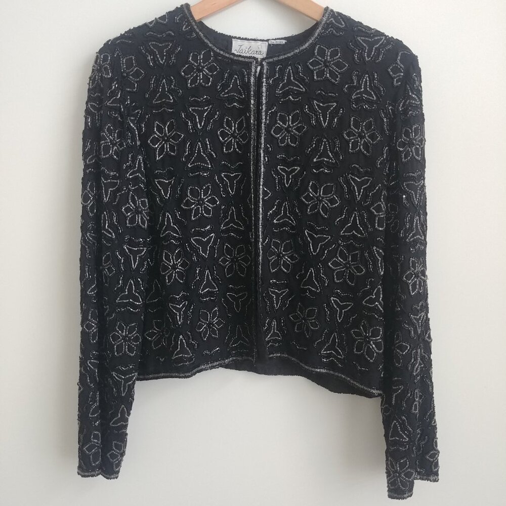 Vintage Jaikara heavy beaded jacket cardigan top black silver flowers Medium